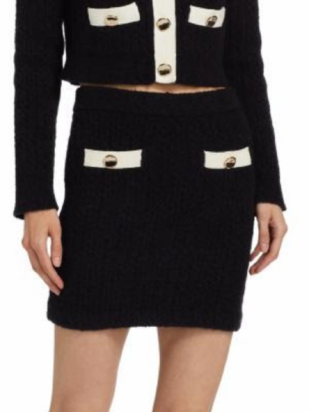 NWT Self-Portrait Contrast Pocket Alpaca-Blend Miniskirt Black Cream gold button